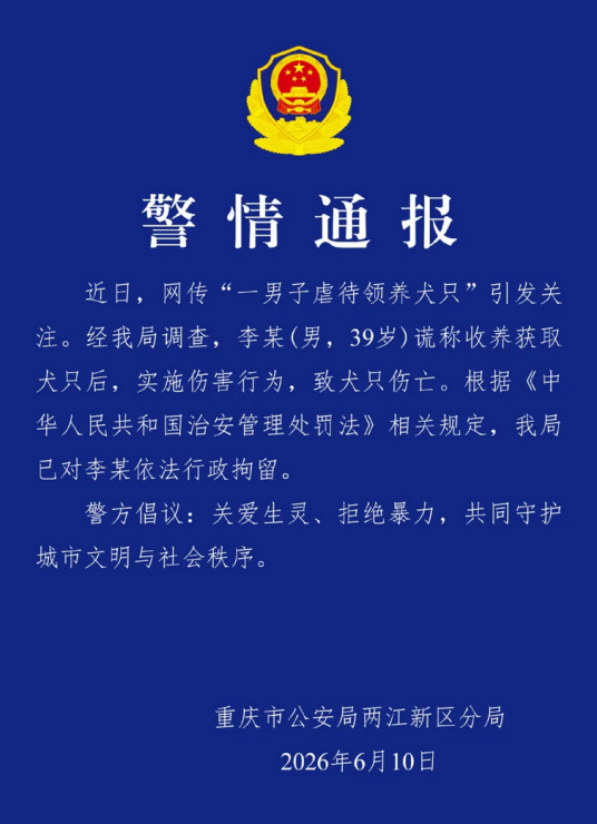2026年重庆男子虐待领养犬只事件