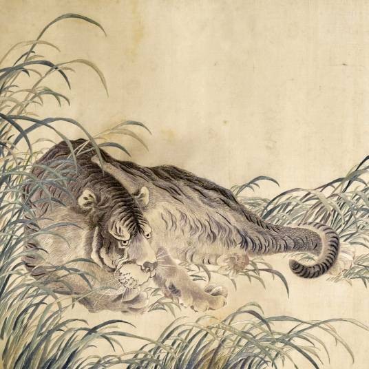 沈立刺绣草间卧虎图