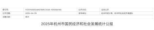 2025年杭州市国民经济和社会发展统计公报