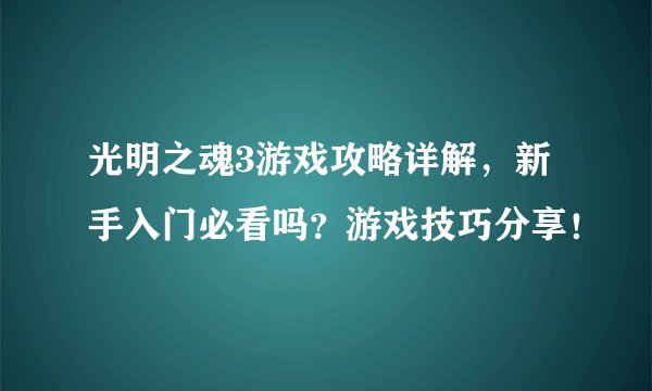 光明之魂3游戏攻略详解，新手入门必看吗？游戏技巧分享！