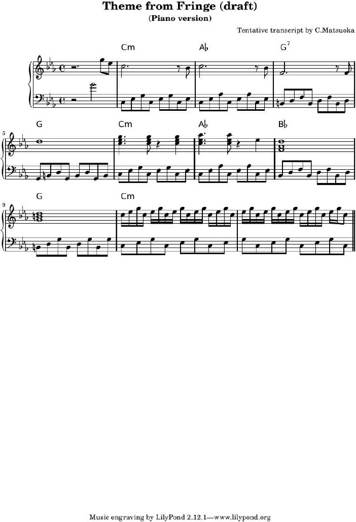求fringe（危机边缘/迷离档案）的片头曲的乐谱，好像叫Fringe Main Title Theme
