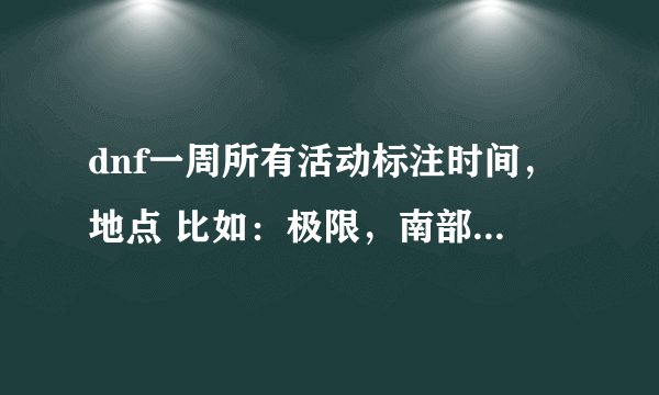 dnf一周所有活动标注时间，地点 比如：极限，南部，战场，领主，守护，攻城，逆袭，妖怪等